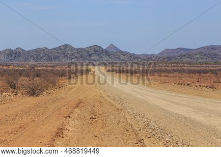 Namibian Landscape Along The Gravel Road. Yellow Ground And African Vegetation Around. Damaraland, H