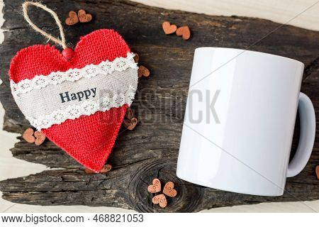 White Coffee Mug Mockup, Cottagecore Style Wood Background And Heart Cup Mock-up. Blank Mug Printing