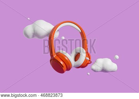 Red Wireless Headphones Clouds On Purple Background. Concept Of Music And Atmos. 3d Rendering