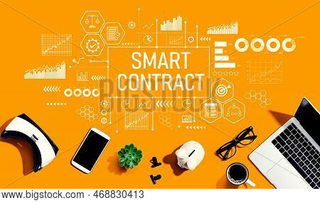 Smart Contract Theme With Electronic Gadgets And Office Supplies - Flat Lay