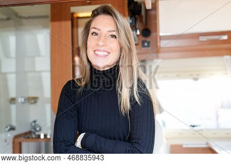 Vanlife Beautiful Woman Sitting In Rv Camper Motor Van Home Smile Happy Beauty Girl Good Looking