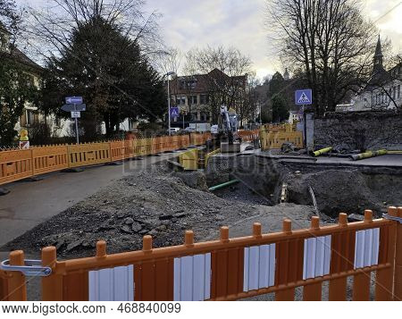 Underground Utilities Are Being Repaired On The Streets Of Ravensburg