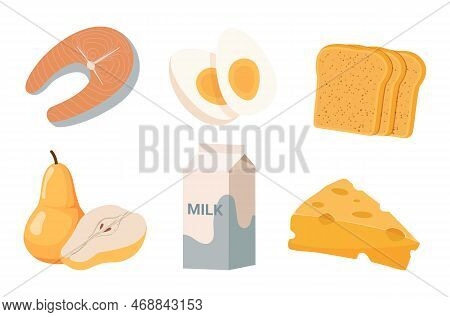 Food Set Bread Eggs Cheese Milk Steak Salmon And Pear