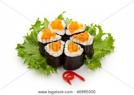 Ikura Maki Sushi - Roll con queso crema dentro. Rematado con Ikura (huevas de salmón)