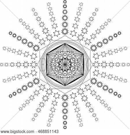 Mandala Vector Black On White For Coloring, Round Ornament Decoration. Stylized Stars Motif, Vintage