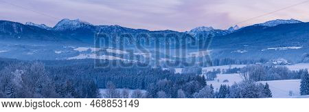 Winter Panorama From Hochberg At The Evening With Zwiesel And Watzmann