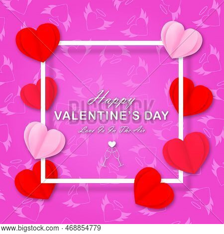 Valentine's Day Design. Valuable Red, Purple And Pink Paper Cut Hearts In Frame. Cute Valentine Sale