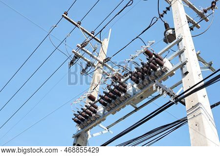 Capacitor Bank On Pole. Close Up Capacitor Bank For Increasing Control Efficiency And Reducing Volta