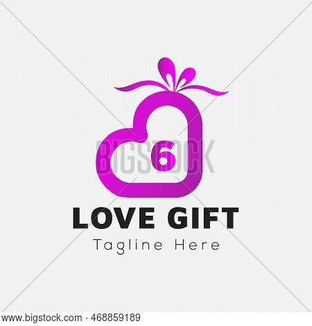 Love Gift Logo On Letter 6 Template. Gift On 6 Letter, Initial Gift Sign Concept