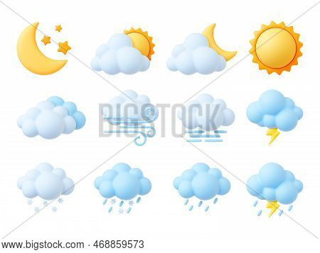 Plasticine 3d Weather Icons, Render Style Sun, Cumulus And Snowflakes. Trendy Fluffy Bubbles Clouds,