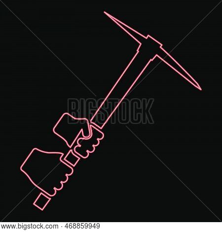 Neon Mining Pickaxe Mattock Pick Axe In Hand Red Color Vector Illustration Image Flat Style Light