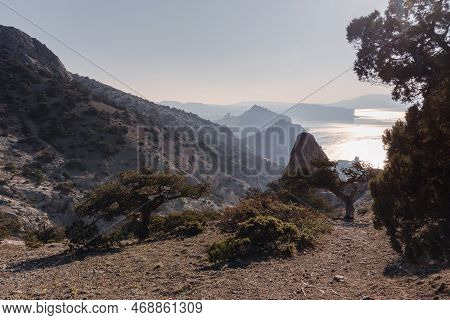 View On Sea, Mount And Cape Near Sudak From The Slope Of Falcon Sokol Mountain At Morning In Spring.