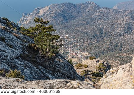 View Of The Resort City Novyi Svet And Green Bay From The Top Of Sokol Mountain In Spring. Crimea.