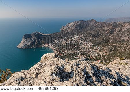 View Of The Resort City Novyi Svet And Green Bay From The Top Of Sokol Mountain In Spring. Crimea.