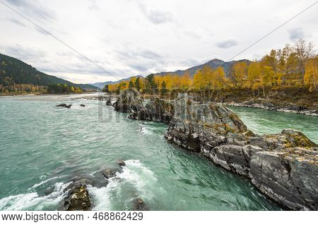 View Of River Katun And Altay Mountains In The Autumn, Siberia, Russia