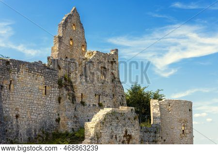 Hohenurach Castle Near Old Town Of Bad Urach, Germany. Scenery Of Abandoned German Castle On Mountai