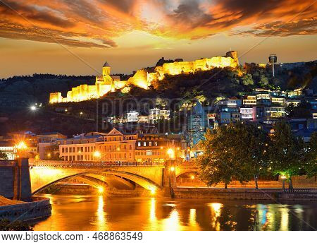 Dramatic Sunset Over The Ancient Narikala Fortress In The Old Town Of Tbilisi, Georgia.