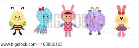Sewed Stuffed Or Fluffy Toys With Animal And Doll Vector Set