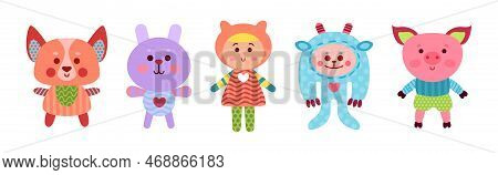 Sewed Stuffed Or Fluffy Toys With Animal And Doll Vector Set