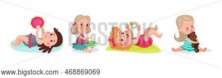 Kid Toddlers Playing With Toys In Nursery Room Vector Set