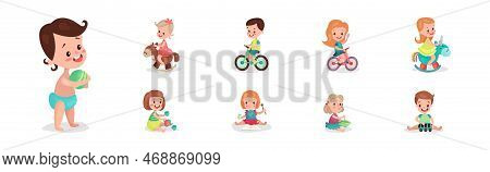 Kid Toddlers Playing With Toys In Nursery Room Vector Set