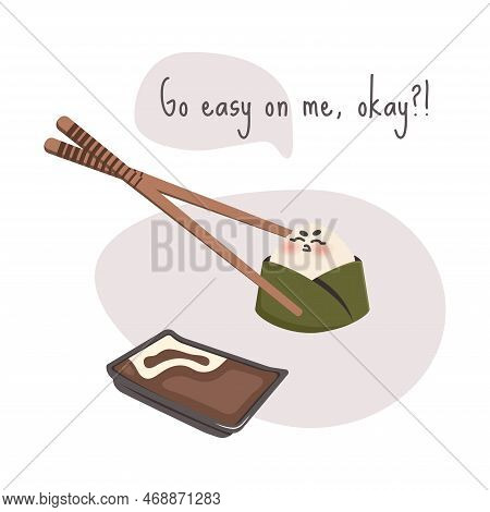 Onigiri. Sushi Chopsticks Hold Dissatisfied Angry Cartoon Character. National Japanese Food. Doodle 