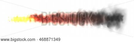 Realistic Black Smoke With Fire, Space Rocket Launch Trail. Fire Burst, Explosion. Missile Or Bullet
