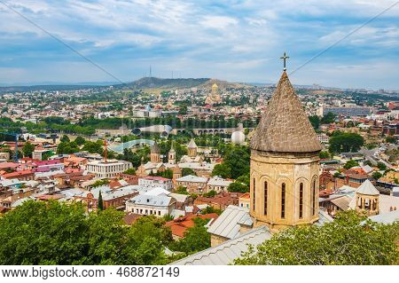 Tbilisi Old Town With Ancient Churches And Modern Architecture, Georgia. Cityscape With Upper Betlem