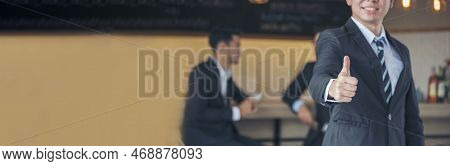 Banner Thumbs Up Man Hand Satisfaction Job With Positive Happy Good Sign. Close Up Businessman Hand 
