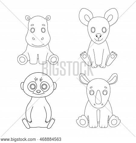 Cute Baby Hippo, Suricata And Rhino Isolated On White Background . Animal Of Africa. Hand Drawn Outl