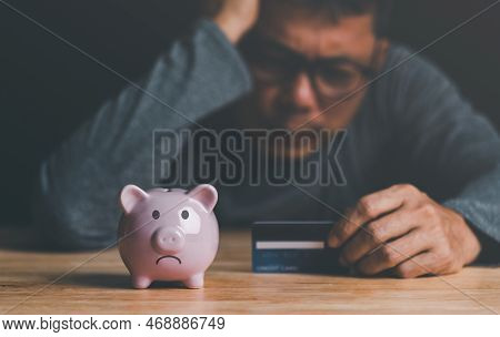 Piggy Bank, Credit Card And Man With Uneasiness,unsolvable Financial Problem Concept,unemployment, P