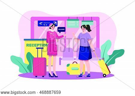 Hostess Greets Passengers At The Airport Reception