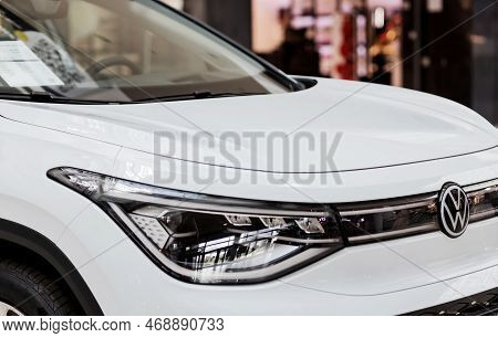 Minsk, Belarus, January 2023 - Volkswagen Id 6 All-electric Suv-coupe Car Showcased. Eco-friendly El