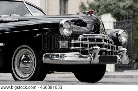 Minsk, Belarus, January 2023 - Old Fashioned Auto. Soviet Retro Car. Black Gaz-12 Zim. Historical, R