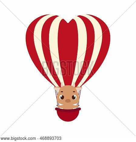 Cute Little Bull Fly On Heart Hot Air Balloon. Cartoon Animal Character For Kids Cards, Baby Shower,