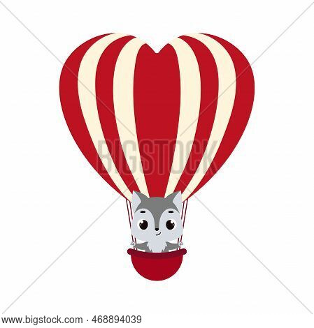 Cute Little Wolf Fly On Heart Hot Air Balloon. Cartoon Animal Character For Kids Cards, Baby Shower,