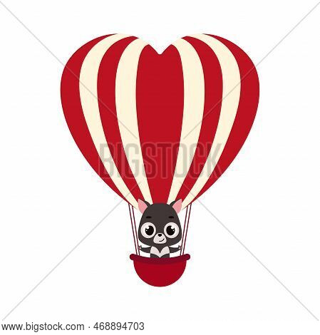 Cute Little Tasmanian Devil Fly On Heart Hot Air Balloon. Cartoon Animal Character For Kids Cards, B