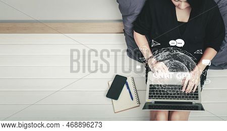 System Artificial Intelligence Chatbot , Business Woman Using Smartphone With Chatgpt Chat Bot Ai , 