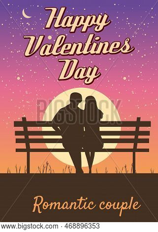 Silhouette Loving Couple On The Bench At Night. Happy Valentines Day Poster