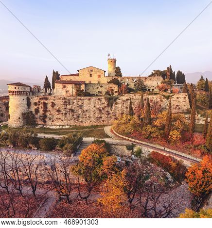 Panoramic Drone View On Eastern Wall Of Fortress In Brescia With Tower Prigionieri On Left, Fourteen
