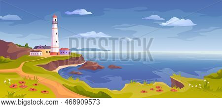 Seascape With Shore And Rocks, Lighthouse Or Beacon And Architecture. Ocean And Water Landscape With