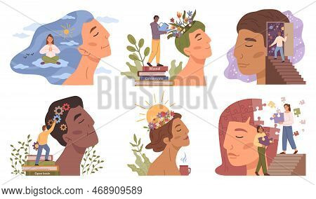 Mindfulness And Mental Balance, Sound Mind, And Sanity. People Heads With Puzzles And Gears, Making 