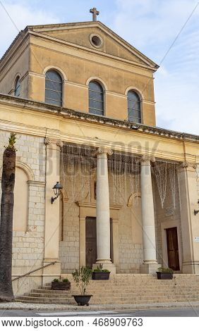 Catholic Christian Parish Church In The Majorcan Town Of Ca's Concos At Sunset. Island Of Mallorca, 