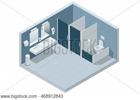 Isometric Clean Public Restroom Interior. Restroom With Cubicles And Sinks. Public Toilet, Restroom,