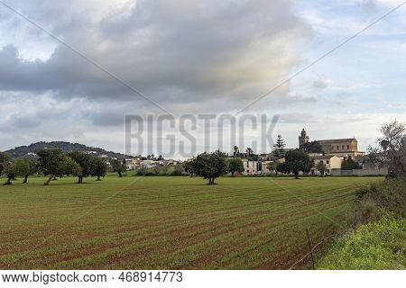 General View Of The Mallorcan Village Of Ca's Concos At Sunset On A Winter Day. Island Of Mallorca, 