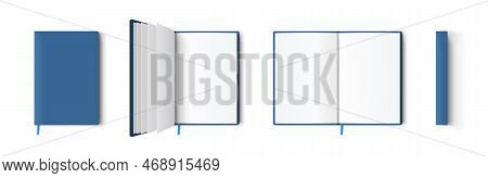 Blank Blue Book Or Notepad Mockup. Notebook And Bookmark Template In Different Views Isolated On Whi