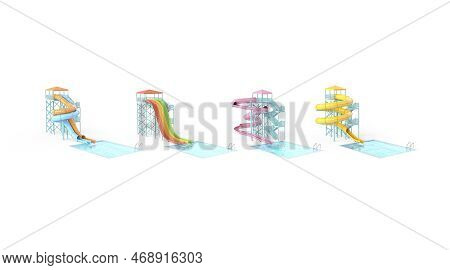 Blank Colored Waterslide With Swimming Pool Mockup, Different Types,3d Rendering. Empty Aqua Park Wi