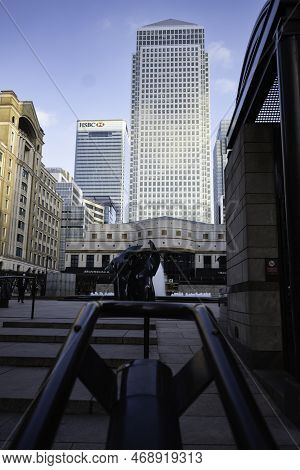London - 01 26 2022: Staircase With Handrails In Cabot Square With Illusion By Helaine Blumenfeld Sc