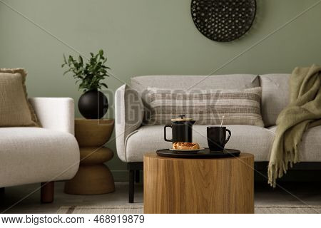 Stylish Composition Of Living Room Interior With Green Wall, Grey Sofa With Grey Pillow. White Armch