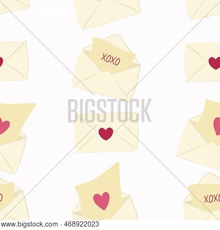 Seamless Pattern With Envelopes For Valentines Day. Flat Vector